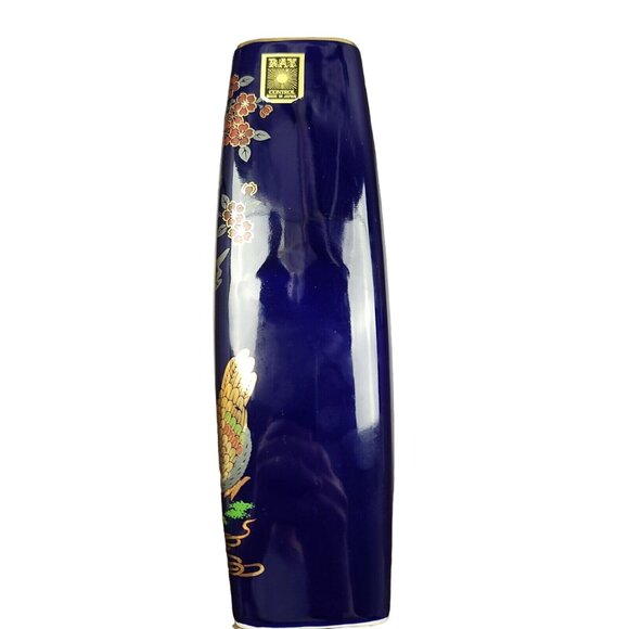 Vintage Japanese Ray Control Cobalt Blue Vase With Roosters 9.5" tall - Picture 9 of 10